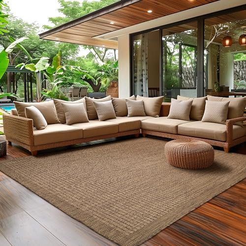 Outdoor Teppich Wetterfest Terrasse Balkon Garten Küchenteppich Einfarbiges Design Flachgewebe Sisal Look Waschbarer Teppich, Größe: 240 x 340 cm, Farbe: Braun