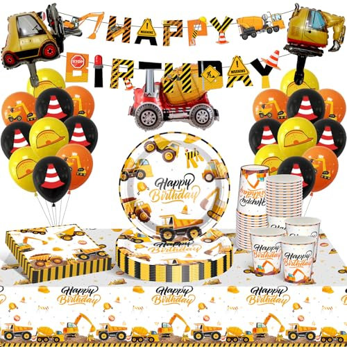 YIMAKJ Kit de décoration d'anniversaire avec pelleteuse, vaisselle de fête avec ballons, assiettes en carton, gobelets en carton, bannière, nappe pour garçons (10 invités)