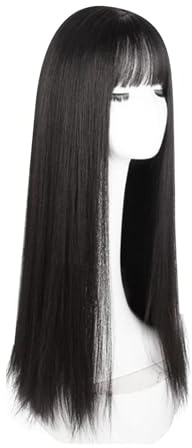 Damen Perücke Lange Schwarze Glatte Perücke mit Pony Modisch Elegant Hitzebeständig Synthetische Perücke für Cosplay, Weihnachtsfeiern, Alltag, Arbeit und Dates, 72 cm/28,3 Zoll