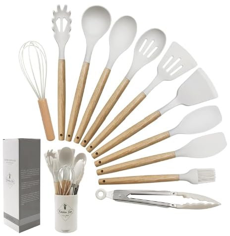 Ensemble de 12 Ustensiles de Cuisine en Silicone avec Manches en Bois – Antiadhésifs, Résistants à la Chaleur, Lavables, Gadgets Modernes pour Toutes les Cuisines et Occasions Spéciales (Blanc Crème)