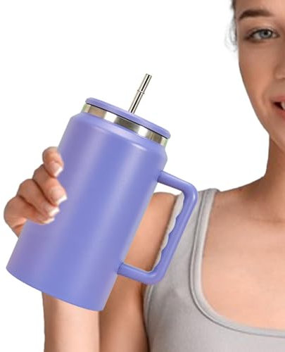 Vaso de acero inoxidable de 50 onzas | Botella de agua con popote de alta capacidad para mantener el frío, vaso con popote para bebidas, jugo, cerveza, café, leche