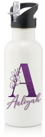 Getagift Personalised Initial with Name, Glitter Marble Alphabet, Gift For Girls, Stainless Steel 600ml Water Bottle with Straw. (White)