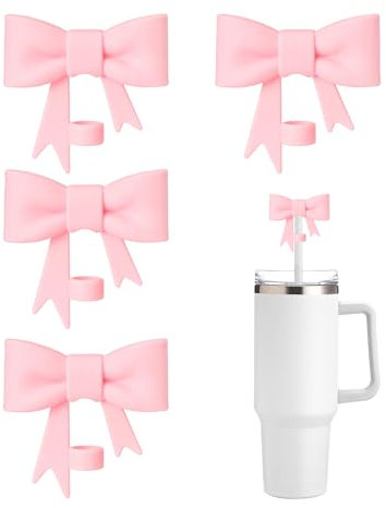 4 Pcs Pink Bow Straw Covers Cap Toppers, Cups Straw Accessories Straw Toppers Pink Straw Cover Compatible with Stanley 30&40 oz Tumbler Cups Traw Protector 10mm Reusable Silicone Straw Topper