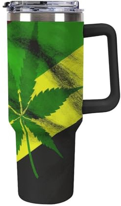 MNVTSKOP 40 Oz Tumbler With Handle And Straw Black Jamaica Flag Leaves Printed Stainless Steel Car Cup Coffee Mug Leak Proof Insulated Water Bottle for Travel Camping Gym