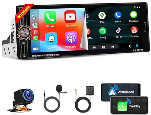 Hikity 1 DIN [2+32G] Android 15 Radio de Coche con CarPlay Android Auto Inalámbrico, Pantalla Táctil de 6,9'' Autoradio Coche con Bluetooth, Navi, GPS, Mirror Link, WiFi, FM RDS Radio, EQ, SWC Cámara
