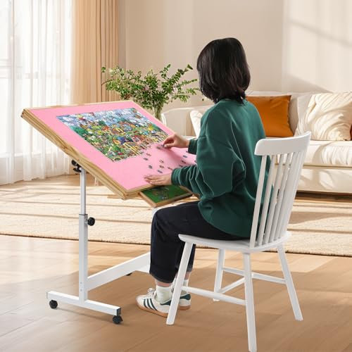 Wooden Jigsaw Puzzle Table for Adults & Kids,Jigsaw Puzzle Storage Folding Tilting Table with Height Adjustment & Wheels,Portable Board for Games,Gift for Puzzle Amateu (Pink,1500 Pcs with 2 Drawer)
