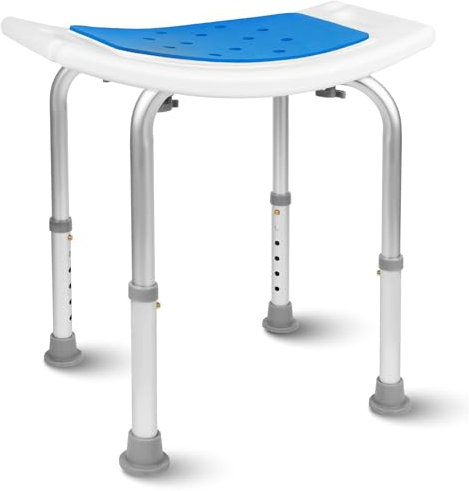 HEFTMAN Tabouret de douche incurvé – Facile à monter – Tabouret de salle de bain en aluminium avec 6 réglages de hauteur – Pieds antidérapants – Siège rembourré avec trous de drainage – Sièges de