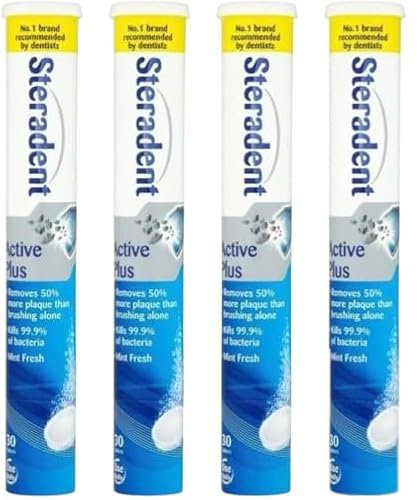 4 Packs of Active Plus Denture Cleaning Tablets, Fast-Acting Formula, Removes Tartar, Stains, Bad Odours, Fresh Dental Appliances Every Day, Refreshing Minty Scent