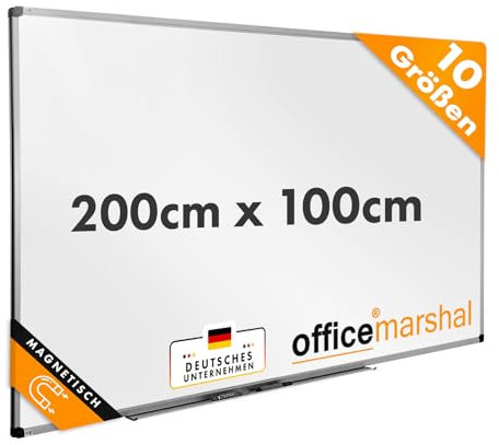 OfficeMarshal Magnetisches Whiteboard 200x100cm mit Alurahmen und abnehmbare Stiftablage für Büro, Heim und Schule, Magnettafel kratzfest und trocken abwischbar | Magnetboard