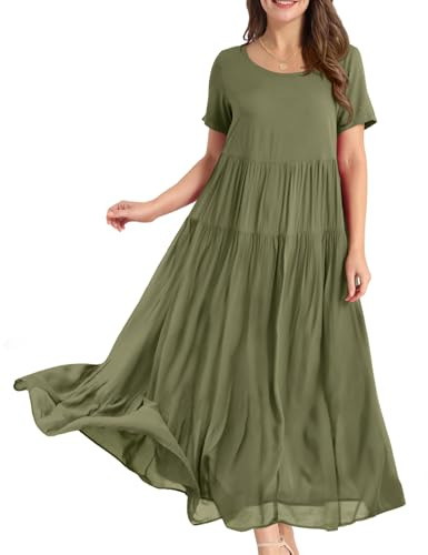 YESNO Women Dresses Casual Plus Size Bohemian Short Sleeve Floral Long Maxi Summer Beach Swing Dress/Pockets M EJFUK ArmyGreen