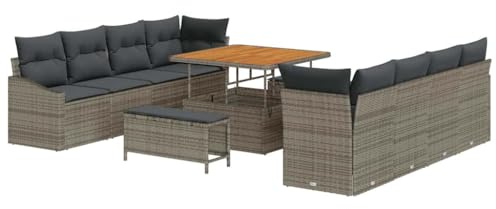 vidaXL 11-teiliges Gartensofa-Set mit Kissen in Grau, Poly-Rattan und Holztisch. UV-beständige Outdoor-Möbel, modulare Sitzgruppe für 8 Personen. Perfekt für Terrasse, Lounge und Garten!