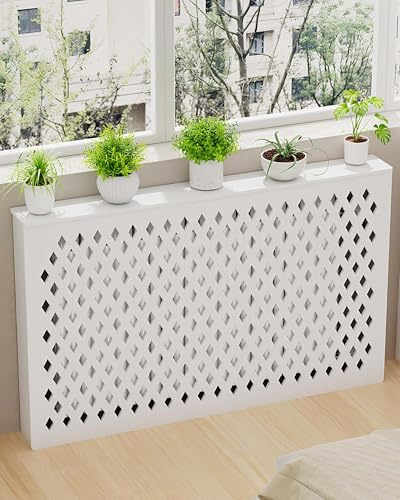 YYmmDQ White Radiator Cover for Home, Modern Rhombus-Grille Decoration Radiator Wall Heater Cover Cabinet Storage Shelf for Living Room, Bedroom Hallway, Home Furniture(39.4 Lx27.6 Hx7.9 W)