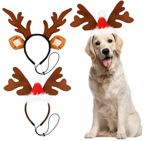 QKURT 2 Stück Haustier Stirnband Weihnachten, Hund Rentier Geweih Stirnband mit Weihnachtsmütze, Elch-Kopfbedeckung, Haustier Rentier Haarreif Verstellbare, Hund Weihnachts-Kopfschmuck, Große