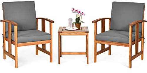 COSTWAY 3tlg. Balkonmöbel Set, Gartenmöbel aus Akazienholz, Balkonset mit 2 Sitzkissen & 2 Rückenkissen, 2 Stühle mit Tisch, Gartengarnitur, Sitzgarnitur, Sitzgruppe für Balkon, Terrasse, Garten