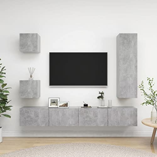 HETFTJN 5-TLG TV-Schrank Set Betongrau Holzwerkstoff Modernes Wand-Lowboard 30,5/100 cm Hängeschränke für Wohnzimmer Home-Office