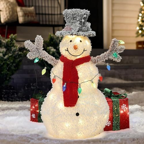 Hometopia LED Schneemann Deko mit Zylinderhut, Rotem Schal Leuchtende Weihnachtsfigur für Innen und Außen, Weihnachtsdeko