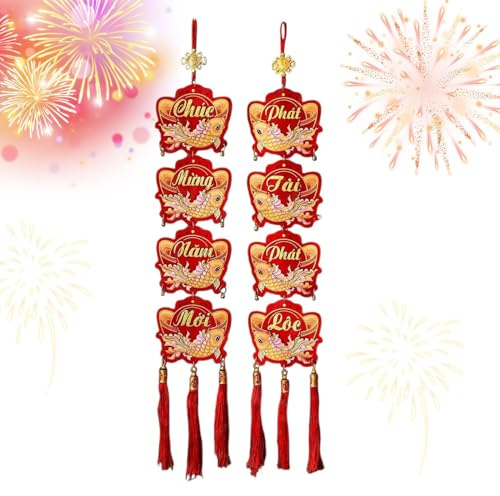 Vietnamesisches Neujahrsbanner – 2 Stück rote Fransen, Paare für Silvester und Frühlingsfeier, Wanddekoration, Haus, Party, Veranstaltungen