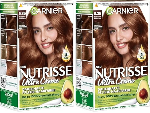 Garnier Nutrisse Dauerhafte Pflege-Haarfarbe mit nährenden Fruchtölen, Coloration mit 8 Wochen Halt, Ultra Crème Tönung, 5.35 Goldenes Rehbraun (Packung mit 2)