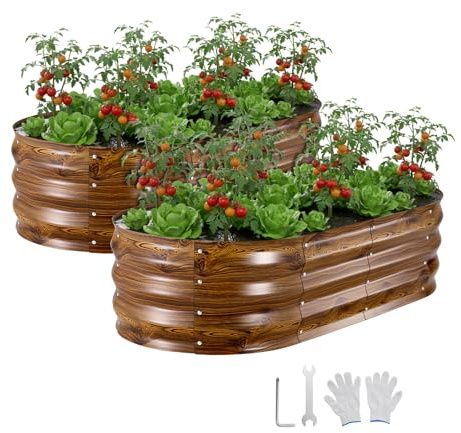 VEVOR Potager Surélevé Métal 120x60x30 cm Carré Potager Surélevé Lot de 2 Lit de Jardin Ovale pour Culture Légumes Fleurs, Fond Ouvert, Galvanisé Aluminium-Zinc, avec Gants, Aspect Grain Bois Foncé