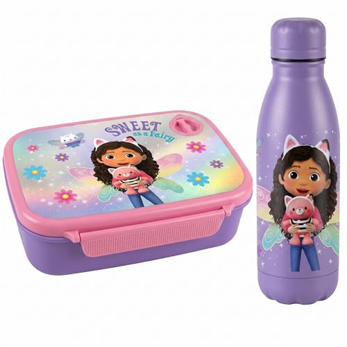 Set Diakakis Gabby's Dollhouse pour le déjeuner pour enfants avec boîte à tartines et gourde en aluminium - Ensemble de repas scolaire sans BPA pour garçons et filles, boîte à sandwich de 800 ml et
