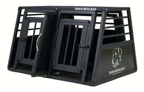 DOGHEAD Hundetransportbox Proline, Double 90x65x55 cm, Schwarz, Aluminium, Beidseitig Abgeschrägt 75°, mit Notausstieg, Trennwand