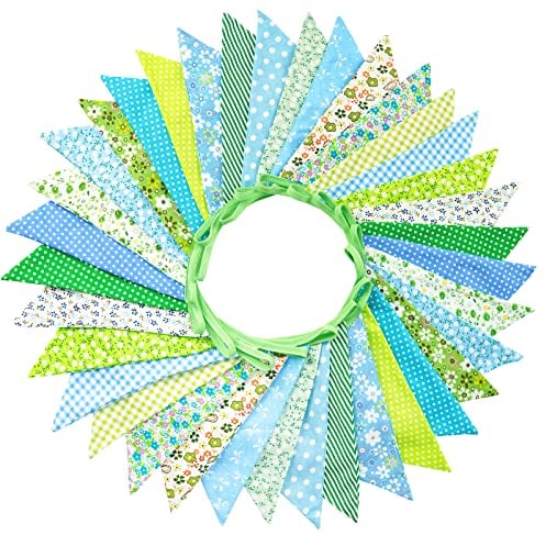 G2PLUS Süße Beidseitig Wimpel Girlande, 10M Bunting Wimpelkette Stoff, Grün Stoffgirlande mit 36 STK Farbenfroh Wimpeln für Hochzeits Geburtstag Party