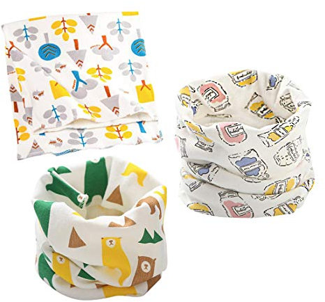 DEBAIJIA 3 pcs Unisexe Écharpe Cache-cou Bébé Enfant 0-8 Ans, Coton Doux Chaud pour Printemps Automne Hiver, Multifonction: Foulard,Bandeau,Taille Unique,Dessin Animé - A