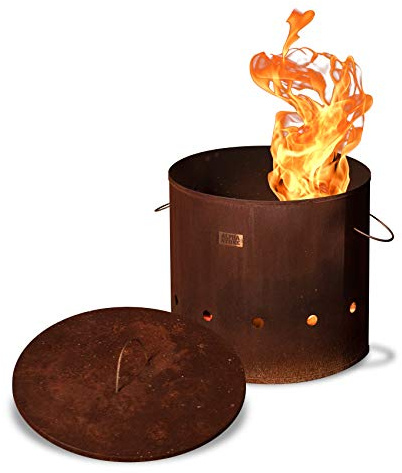 Industrielle Feuertonne - Cortenstahl Und Edelstahl - L / XL - Ideal Für Den Einsatz Im Garten, Balkon Und Auf Der Terrasse - Das Stabile Feuerfass Ist Robuster Und Größer Als Die Meisten Feuerstellen