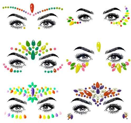 SHINEYES 6 Pcs Gesicht Körper Augen Temporäre Tattoos Gesicht Juwelen Aufkleber Glitter, Hergestellt aus Edelsteinen Rhinstone Kristalle für Rave Karneval Maskerade Musik Geburtstagsfeier Festival