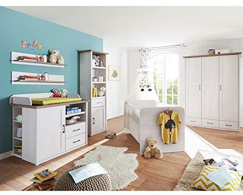 Lomadox Babyzimmer Kombination, Landhaus Design, Pinie weiß Nb./Trüffel Eiche Nb.