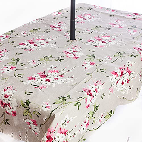 Rosie Lane PVC Garden Outdoor Outside Tablecloth Cover with Stainless Steel Parasol Umbrella Hole for Garden Umbrella Floral Wisteria Pink Grey White Design 200cm x 140cm