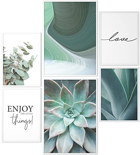 Papierschmiede® Mood Poster Set Green Love, Fertiges Bilder Set mit Rahmen (Holz, weiß), Wohnzimmer Deko Schlafzimmer, 2x DIN A4 und 4x DIN A5, Eukalyptus Agave Aloe Vera Grün