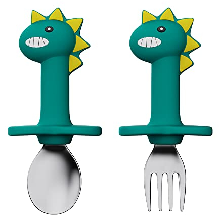 SFCCMM Juego de tenedores y cucharas para bebé, utensilios de entrenamiento para bebés, cubiertos de silicona y acero inoxidable, utensilios para niños y niños pequeños (dinosaurio verde, corto)