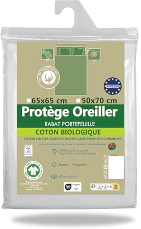 Linge des Familles - Protège Oreiller Coton Bio 65x65 cm - Housse Oreiller Certifiée GOTS - 100% Coton Absorbant - Hypoallergénique - Label Oeko-TEX® Standard 100 - Made in Europe