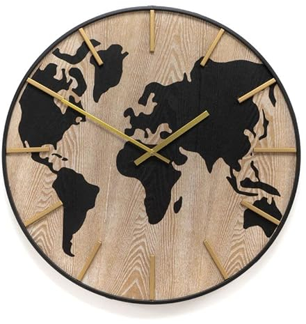ROCKING GIFTS Runde Wanduhr aus Holz, Weltkarte, schwarze Karte, elegantes Industriedesign, 60 cm