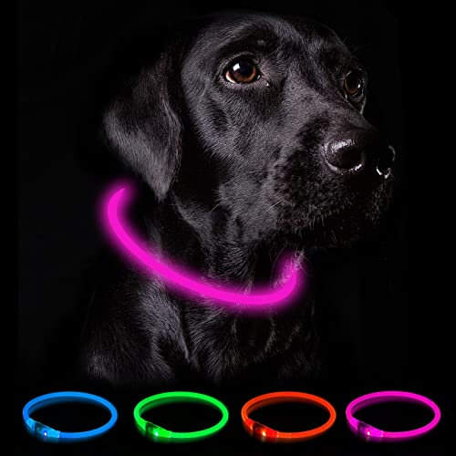Nepfaivy Leuchthalsband Hund USB Aufladbar - Wasserdichtes Hundehalsband Leuchtend mit 3 Beleuchtungsmodi, Längenverstellbareres LED Halsband für Kleine, Mittlere und Große Hunde (Rosa)
