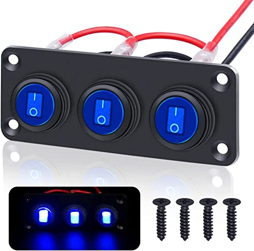 Taiss 3 Gruppi pannello interruttore impermeabili 12V-24V Pulsante Interruttore Rotondo,Pannello Interruttori a Bilanciere 2 Posizioni con LED Blu 3 Pin,per Auto,Barca,Camion KCD1-8-101NW-BU-BX