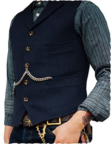 AeoTeokey Classic Mens Wool Tweed Suit Vest Casual Sleeveless Jacket Herringbone Waistcoat for Tuxedos(3XL,Navy)