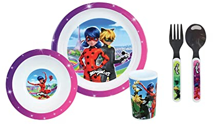 Fun House MIRACULOUS - Ensemble repas 3 pièces (assiette, bol, verre) et 2 couverts pour enfants avec héros préférés