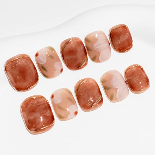 Sun&Beam Nails Handgefertigte Kunstnägel Kurz Squoval Rund Nägel zum Aufkleben in Braun Beige Handgemalt Blumen Ombre Design mit Klebepads 10 Stück (#037 S)