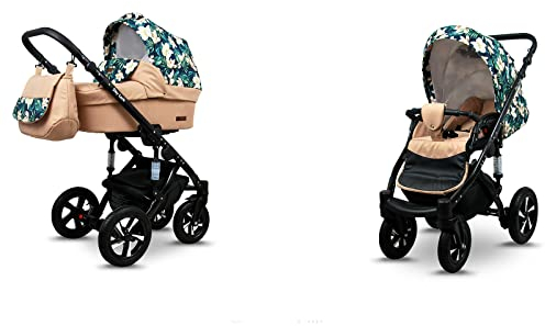 BabyLux® Sky Lark 2-in-1 Baby Kinderwagen Tief und Kinderwagen mit Zubehör Verstellbar und faltbar Aluminiumkonstruktion Wasserdicht Nicht abnehmbare Räder Creamy Lillies Black Frame