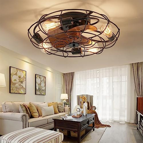 LUDOMIDE Caged Ceiling Fan Light with Remote, 21 Small Flush Ceiling Light with 3 Enclosed Blades and 6 Wind Speeds for Bedroom, Living Room