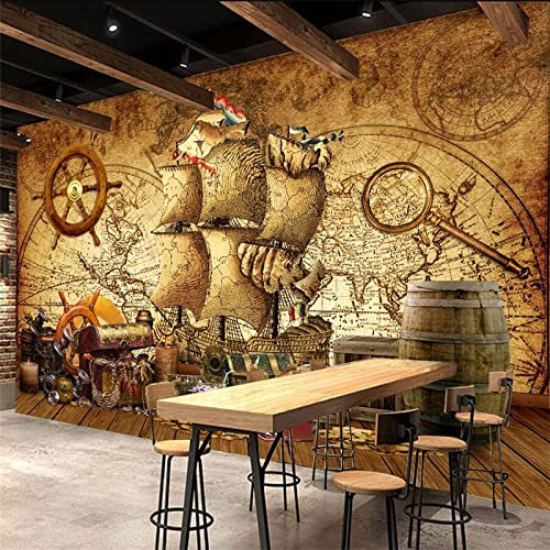 Removable Wallpaper Mural Nostalgic Vintage Nautical Map Mural Wallpaper,300 * 210cm Art Mural Stickers for Bedroom Living Room Bathroom House Decoration