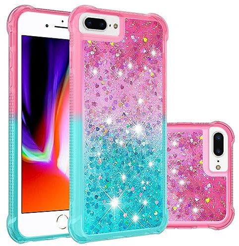 QIWEIQING Compatible for iPhone 8 Plus Glitter Liquid Case, Sparkle Sequin Floating Quicksand Solid Love TPU Shockproof Protective Cover for iPhone 6S Plus / 6 Plus / 7 Plus.Pink Blue YBJ