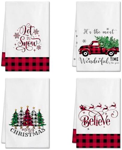 Ohok 4 Stück Weihnachten Handtücher 45x65 cm, Mode Dekoration Küchentücher Weihnachtsmann Geschirrtücher Weiche Mikrofasertücher für Badezimmer Küche Trockentuch Weihnachten Deko (Set O)