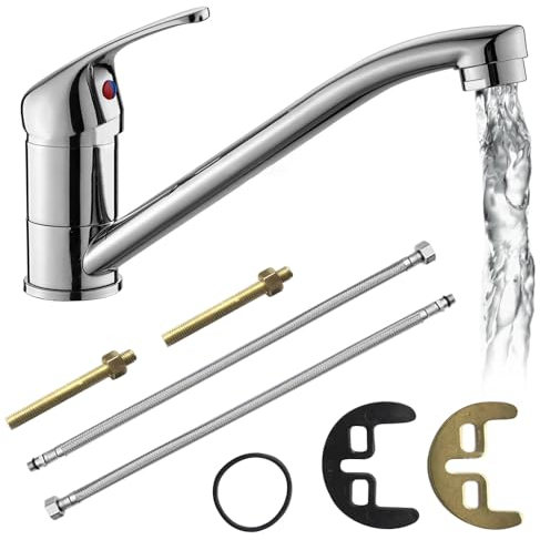 PLLYPE Grifo de Cocina de Clasico, 360° Giratorio Grifo de Fregadero Agua Fría y Caliente Disponibles, Mezclador Monomando para Lavabo con 2 Mangueras de Conexión Grifo Fregadero Cocina