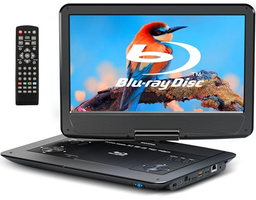 WONNIE 16.9 Portable Blu Ray Player with 14.1 1080P Full HD Large Swivel Screen, Blu-ray DVD Player with HDMI Out & AV Out, 4-5 Hours Rechargeable Battery, Support USB/Micro SD Card