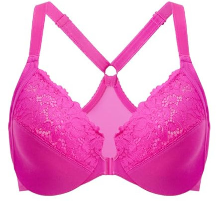 DELIMIRA Donna Reggiseno con Apertura Frontale Taglie Forti in Pizzo Racerback Senza Imbottitura con Ferretto Rosa Glitterato 8E