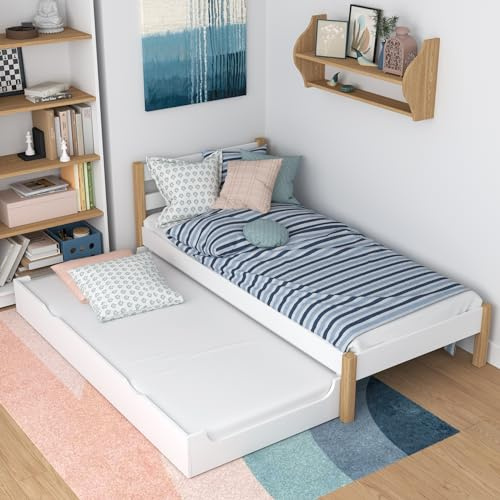 N-wood N01 Bett mit Schublade 90x200 cm, Doppelbettfunktion, Einzelbett für Kinder, Jugendliche und Erwachsene, aus Massiv Eichenholz, abgerundete Kanten, empfohlen für Allergiker und Asthmatiker