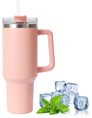 VANIPUFF 40 OZ Tumbler with Straw Lid and Handle, Stainless Steel Vacuum Insulated Cup Double Wall Travel Flask Car Coffee Mug, Travel Mug Insulated Tumblers Iced for Tea Coffee (Pink)